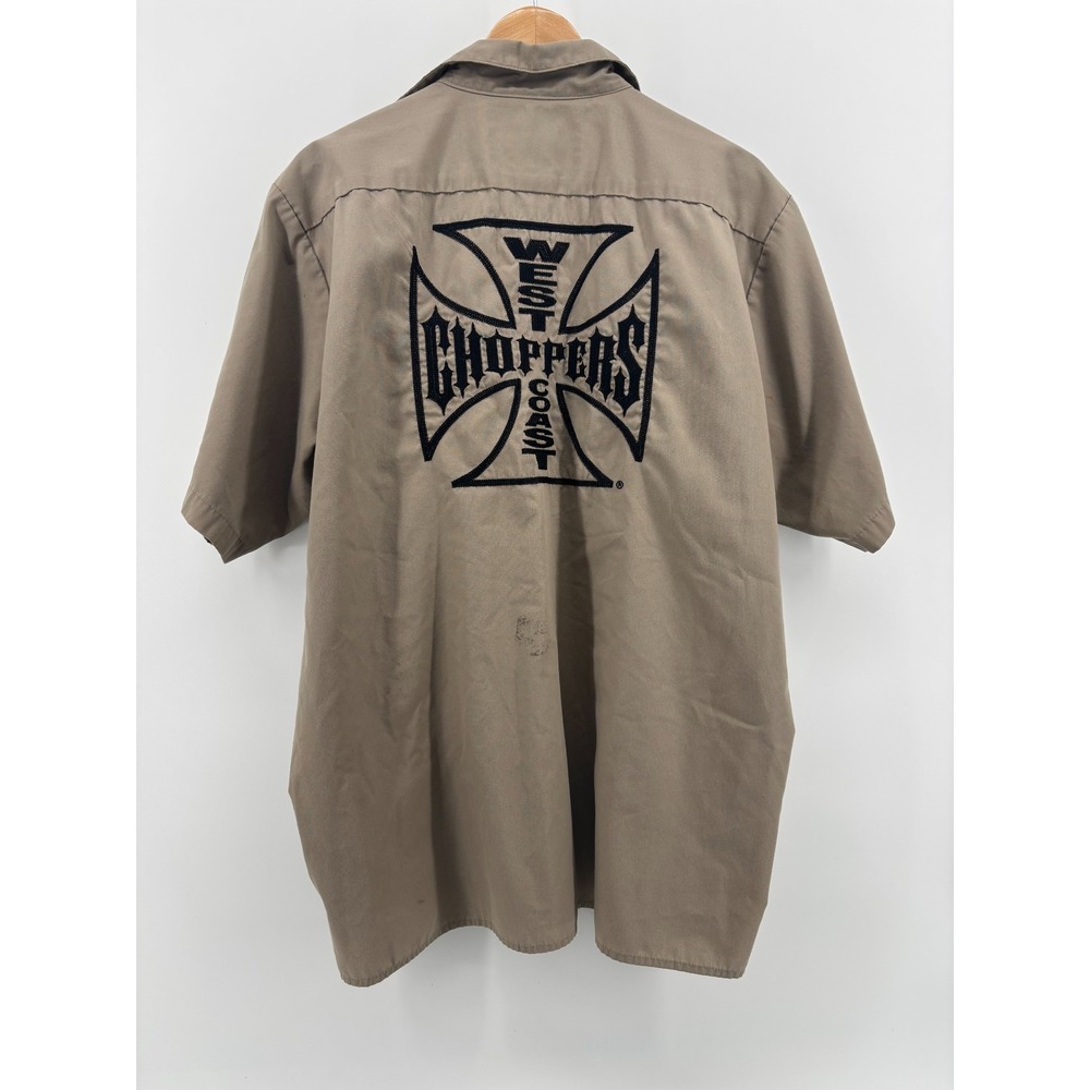 Jesse James West Coast Choppers Button-Up Shirt Men’s Beige Workwear Patches XL